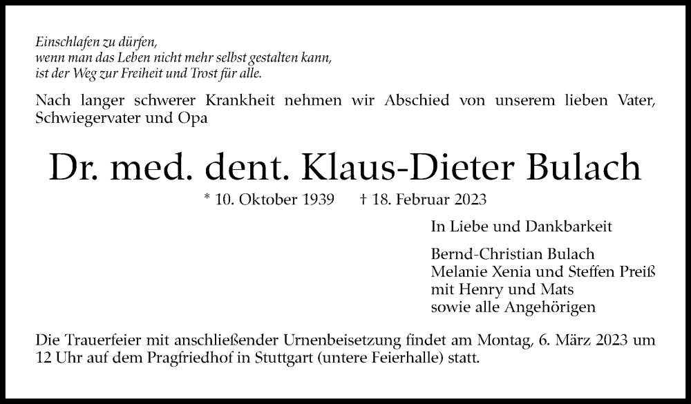  Traueranzeige für Klaus-Dieter Bulach vom 25.02.2023 aus Stuttgarter Zeitung / Stuttgarter Nachrichten