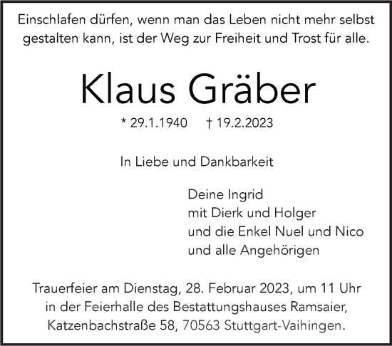 Traueranzeige von Klaus Gräber von Stuttgarter Zeitung / Stuttgarter Nachrichten