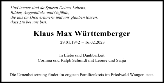 Traueranzeige von Klaus Max Württemberger von Stuttgarter Zeitung / Stuttgarter Nachrichten