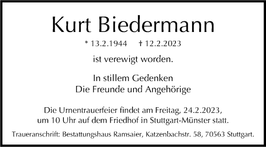 Traueranzeige von Kurt Biedermann von Stuttgarter Zeitung / Stuttgarter Nachrichten