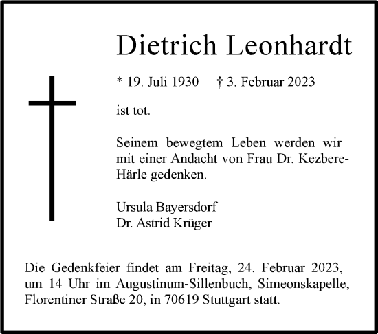Traueranzeige von Leonhardt Dietrich von Stuttgarter Zeitung / Stuttgarter Nachrichten