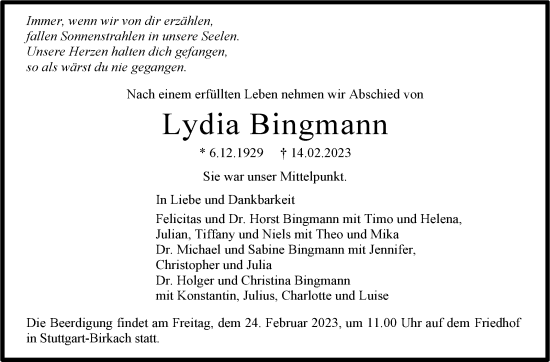 Traueranzeige von Lydia Bingmann von Stuttgarter Zeitung / Stuttgarter Nachrichten