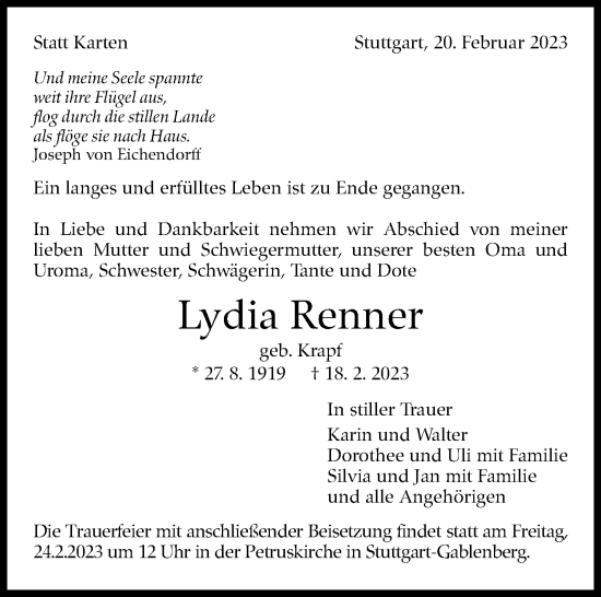 Traueranzeige von Lydia Renner von Stuttgarter Zeitung / Stuttgarter Nachrichten