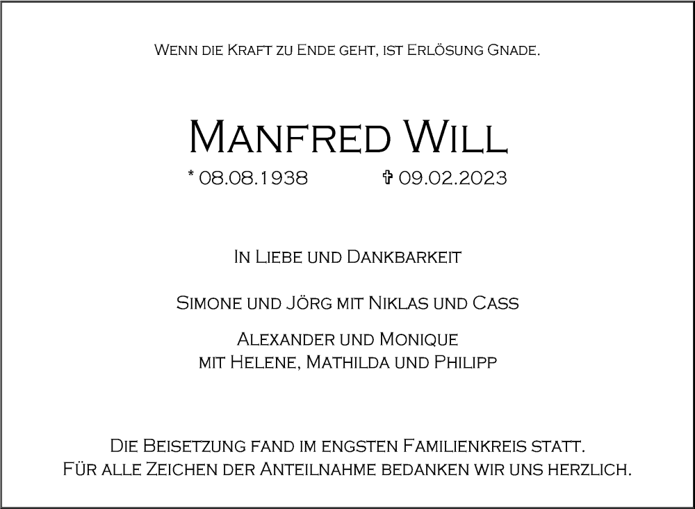  Traueranzeige für Manfred Will vom 22.02.2023 aus Stuttgarter Zeitung / Stuttgarter Nachrichten