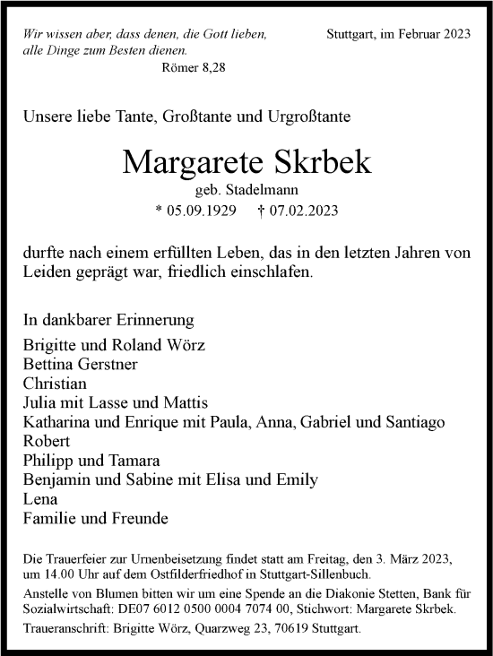 Traueranzeige von Margarete Skrbek von Stuttgarter Zeitung / Stuttgarter Nachrichten