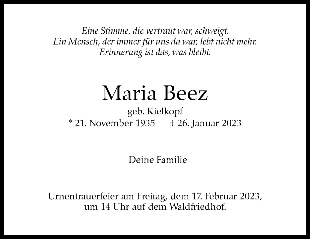  Traueranzeige für Maria Beez vom 11.02.2023 aus Stuttgarter Zeitung / Stuttgarter Nachrichten
