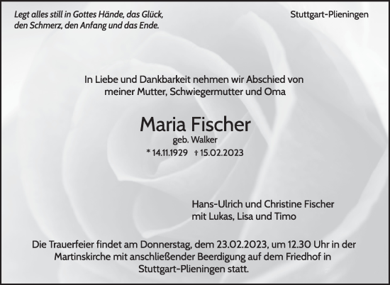 Traueranzeige von Maria Fischer von Stuttgarter Zeitung / Stuttgarter Nachrichten