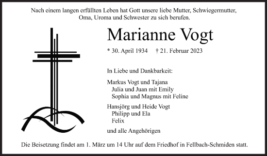 Traueranzeige von Marianne Vogt von Stuttgarter Zeitung / Stuttgarter Nachrichten