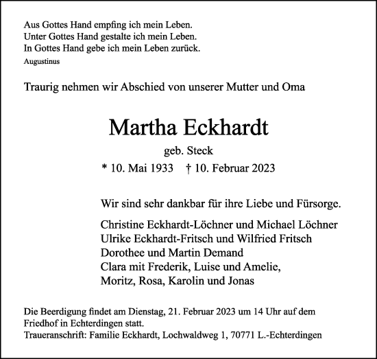 Traueranzeige von Martha Eckhardt von Stuttgarter Zeitung / Stuttgarter Nachrichten
