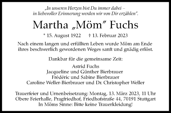 Traueranzeige von Martha Fuchs von Stuttgarter Zeitung / Stuttgarter Nachrichten