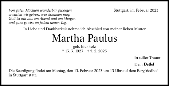 Traueranzeige von Martha Paulus von Stuttgarter Zeitung / Stuttgarter Nachrichten