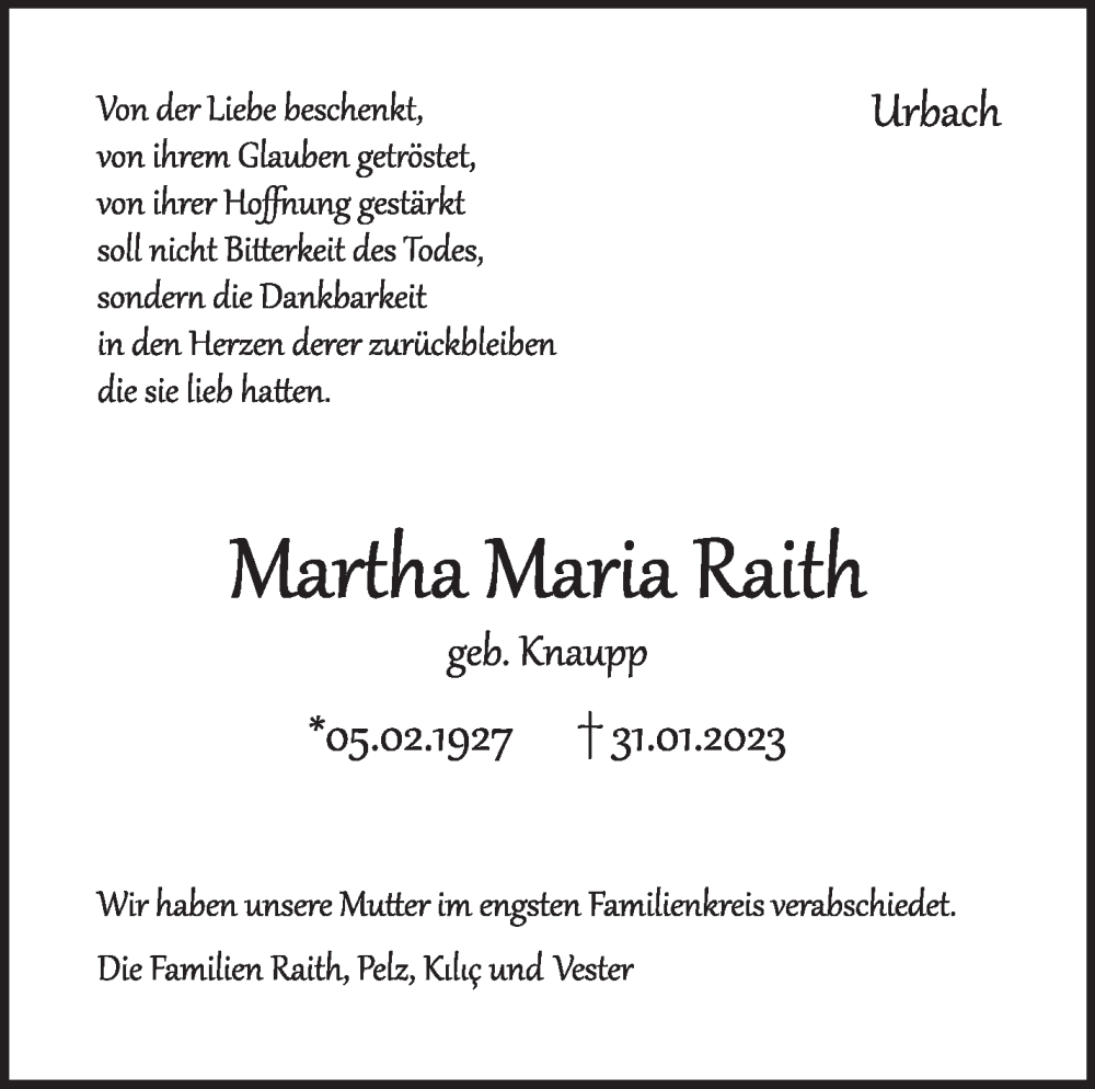  Traueranzeige für Martha Maria Raith vom 16.02.2023 aus Stuttgarter Zeitung / Stuttgarter Nachrichten