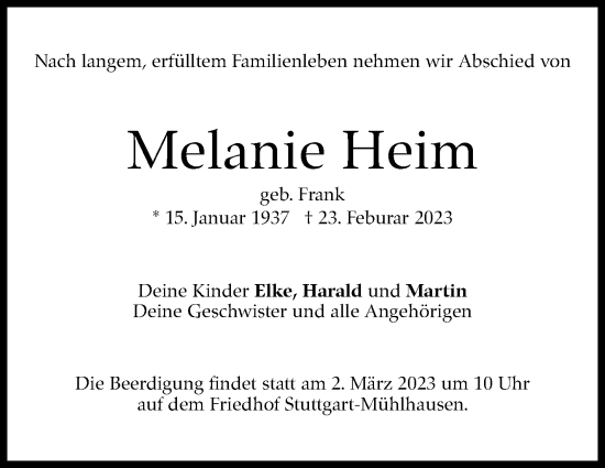 Traueranzeige von Melanie Heim von Stuttgarter Zeitung / Stuttgarter Nachrichten