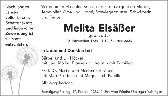 Traueranzeige von Melita Elsäßer von Stuttgarter Zeitung / Stuttgarter Nachrichten