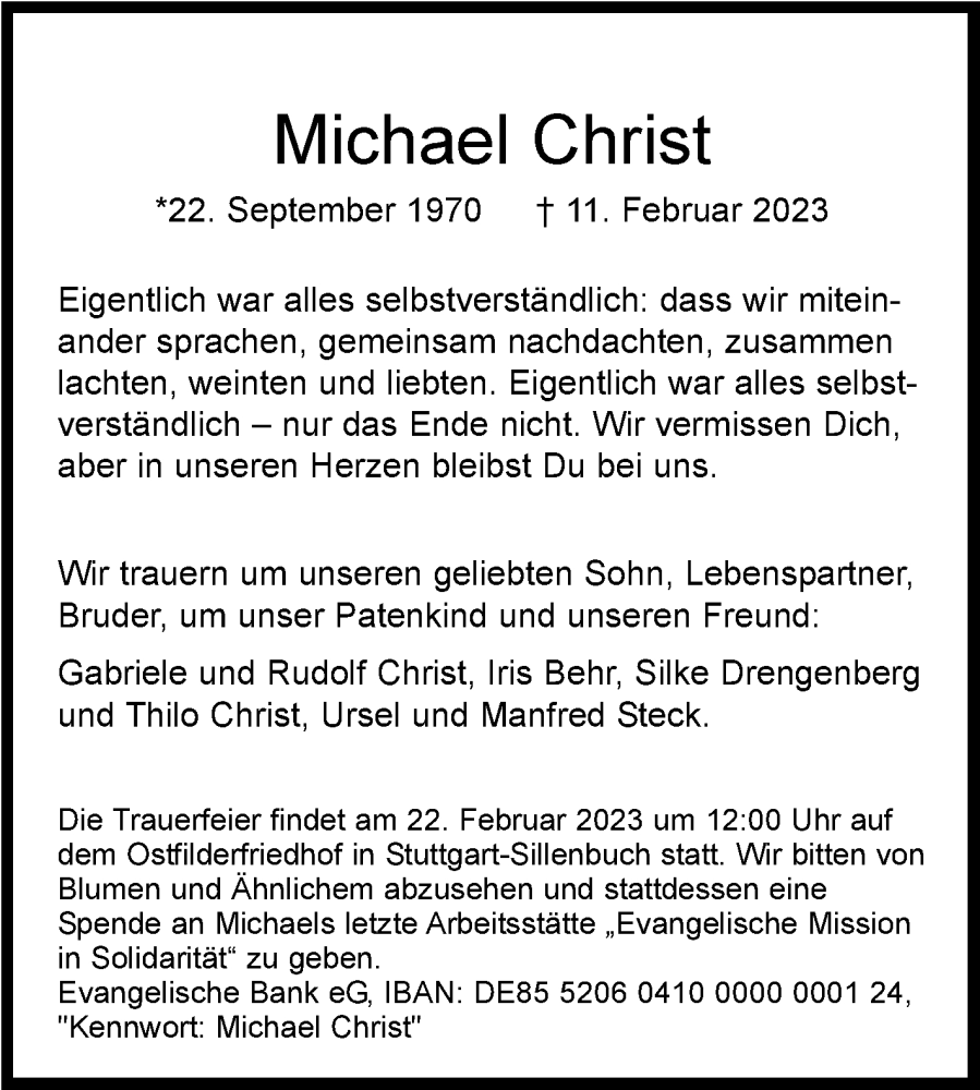  Traueranzeige für Michael Christ vom 18.02.2023 aus Stuttgarter Zeitung / Stuttgarter Nachrichten