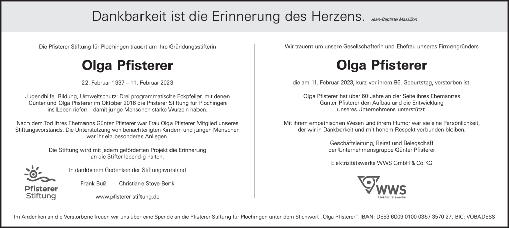  Traueranzeige für Olga Pfisterer vom 18.02.2023 aus Stuttgarter Zeitung / Stuttgarter Nachrichten