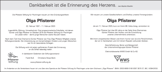 Traueranzeige von Olga Pfisterer von Stuttgarter Zeitung / Stuttgarter Nachrichten
