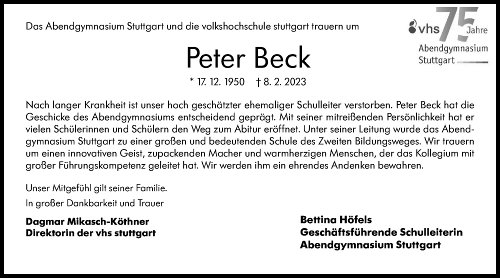  Traueranzeige für Peter Beck vom 18.02.2023 aus Stuttgarter Zeitung / Stuttgarter Nachrichten