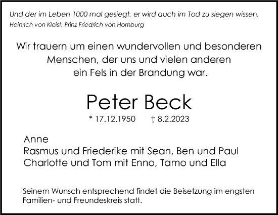 Traueranzeige von Peter Beck von Stuttgarter Zeitung / Stuttgarter Nachrichten