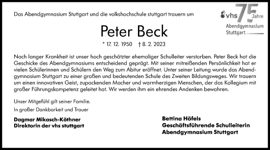 Traueranzeige von Peter Beck von Stuttgarter Zeitung / Stuttgarter Nachrichten