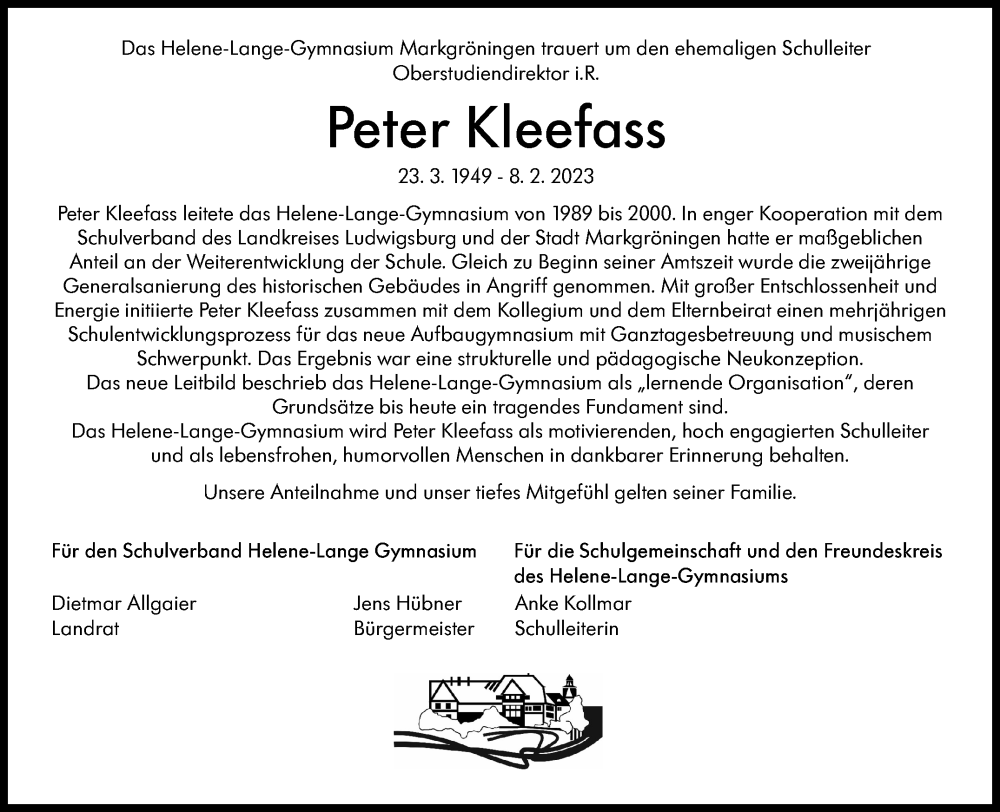  Traueranzeige für Peter Kleefass vom 18.02.2023 aus Stuttgarter Zeitung / Stuttgarter Nachrichten