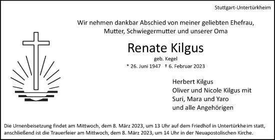 Traueranzeige von Renate Kilgus von Stuttgarter Zeitung / Stuttgarter Nachrichten