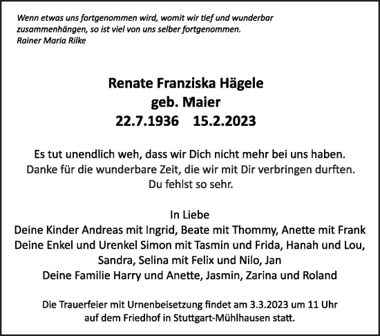 Traueranzeige von Renate Franziska Hägele von Stuttgarter Zeitung / Stuttgarter Nachrichten