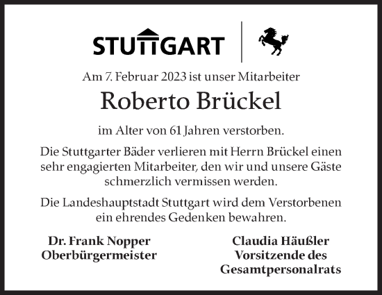 Traueranzeige von Roberto Brückel von Stuttgarter Zeitung / Stuttgarter Nachrichten