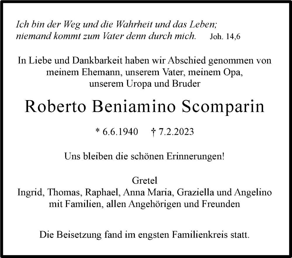  Traueranzeige für Roberto Beniamino Scomparin vom 21.02.2023 aus Stuttgarter Zeitung / Stuttgarter Nachrichten