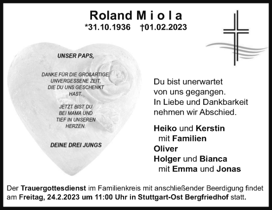 Traueranzeige von Roland Miola von Stuttgarter Zeitung / Stuttgarter Nachrichten