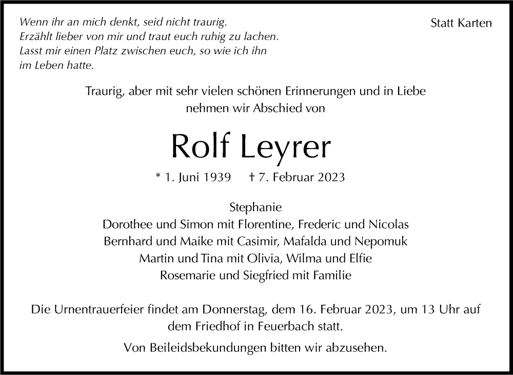  Traueranzeige für Rolf Leyrer vom 14.02.2023 aus Stuttgarter Zeitung / Stuttgarter Nachrichten
