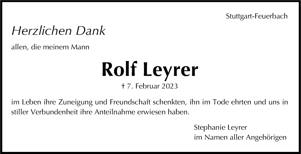  Traueranzeige für Rolf Leyrer vom 25.02.2023 aus Stuttgarter Zeitung / Stuttgarter Nachrichten