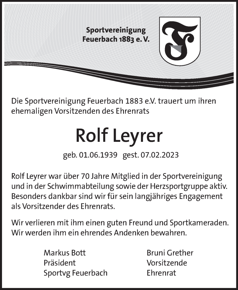  Traueranzeige für Rolf Leyrer vom 16.02.2023 aus Stuttgarter Zeitung / Stuttgarter Nachrichten