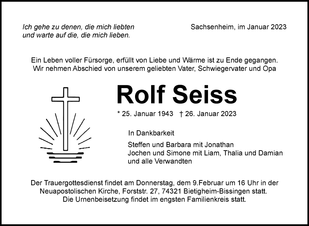  Traueranzeige für Rolf Seiss vom 04.02.2023 aus Stuttgarter Zeitung / Stuttgarter Nachrichten