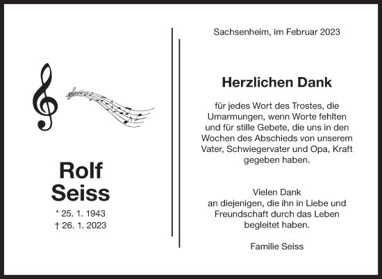 Traueranzeige von Rolf Seiss von Stuttgarter Zeitung / Stuttgarter Nachrichten