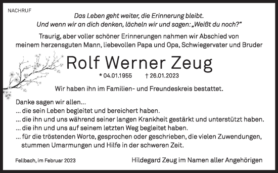 Traueranzeige von Rolf Werner Zeug von Stuttgarter Zeitung / Stuttgarter Nachrichten