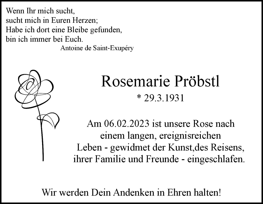  Traueranzeige für Rosemarie Pröbstl vom 18.02.2023 aus Stuttgarter Zeitung / Stuttgarter Nachrichten