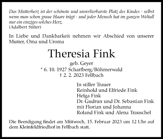 Traueranzeige von Theresia Fink von Stuttgarter Zeitung / Stuttgarter Nachrichten
