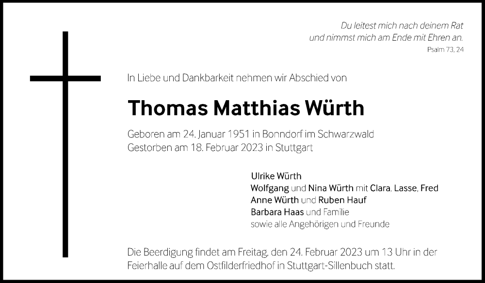  Traueranzeige für Thomas Matthias Würth vom 23.02.2023 aus Stuttgarter Zeitung / Stuttgarter Nachrichten