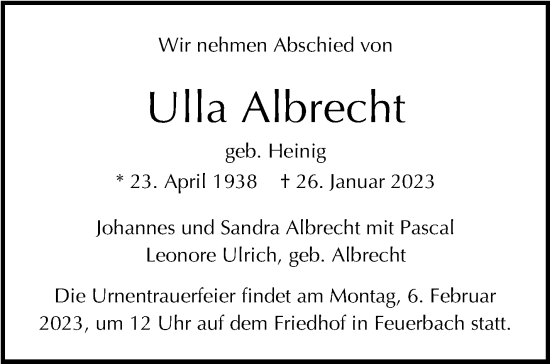 Traueranzeige von Ulla Albrecht von Stuttgarter Zeitung / Stuttgarter Nachrichten