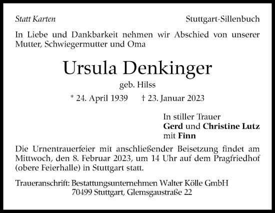 Traueranzeige von Ursula Denkinger von Stuttgarter Zeitung / Stuttgarter Nachrichten