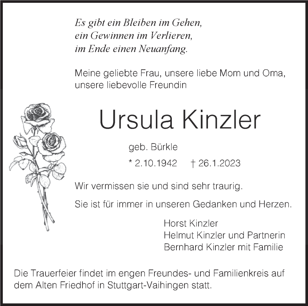  Traueranzeige für Ursula Kinzler vom 02.02.2023 aus Stuttgarter Zeitung / Stuttgarter Nachrichten