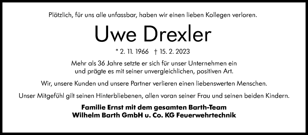  Traueranzeige für Uwe Drexler vom 22.02.2023 aus Stuttgarter Zeitung / Stuttgarter Nachrichten