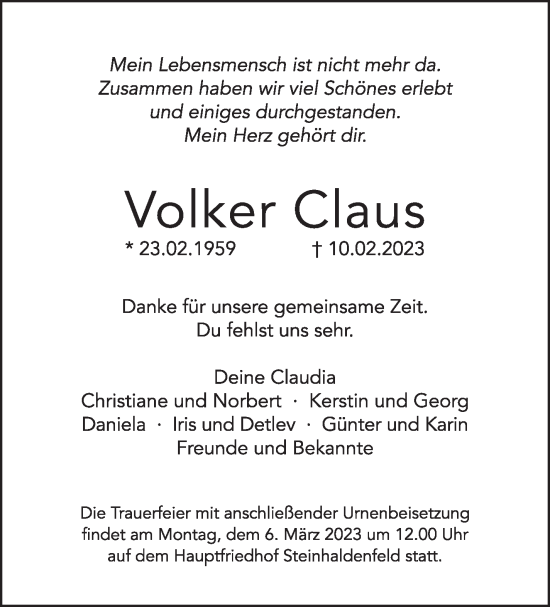 Traueranzeige von Volker Claus von Stuttgarter Zeitung / Stuttgarter Nachrichten
