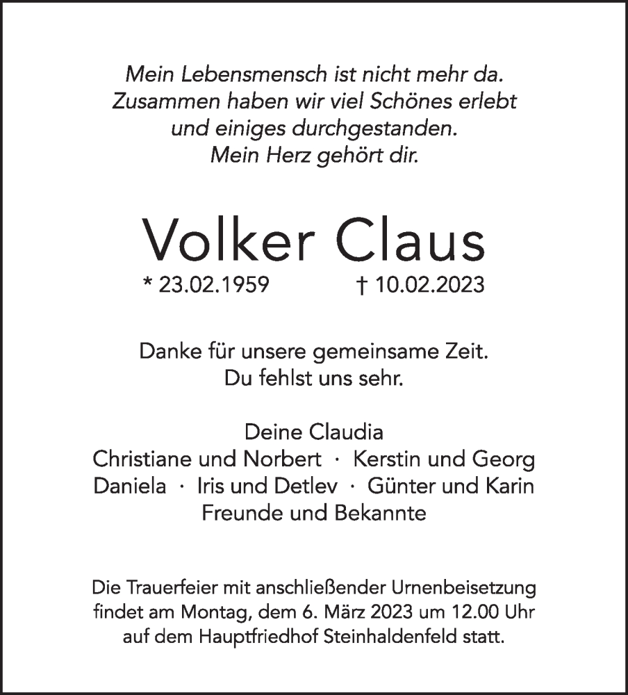  Traueranzeige für Volker Claus vom 25.02.2023 aus Stuttgarter Zeitung / Stuttgarter Nachrichten