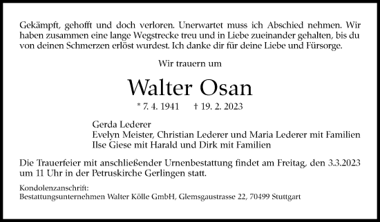 Traueranzeige von Walter Osan von Stuttgarter Zeitung / Stuttgarter Nachrichten