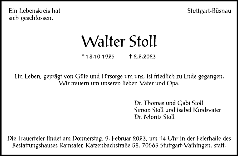  Traueranzeige für Walter Stoll vom 08.02.2023 aus Stuttgarter Zeitung / Stuttgarter Nachrichten