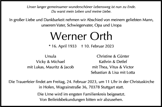 Traueranzeige von Werner Orth von Stuttgarter Zeitung / Stuttgarter Nachrichten