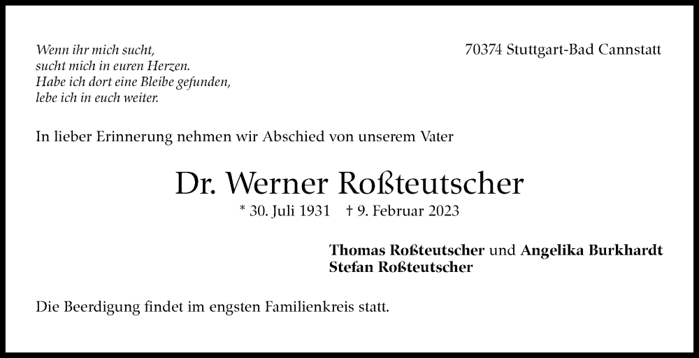  Traueranzeige für Werner Roßteutscher vom 16.02.2023 aus Stuttgarter Zeitung / Stuttgarter Nachrichten