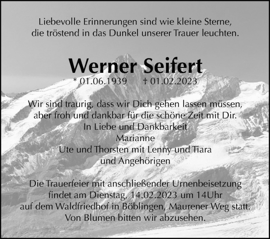 Traueranzeige von Werner Seifert von Stuttgarter Zeitung / Stuttgarter Nachrichten